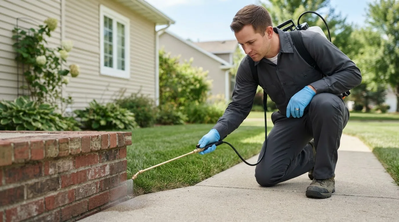 Pest control technician treating a home near Center Point, IA