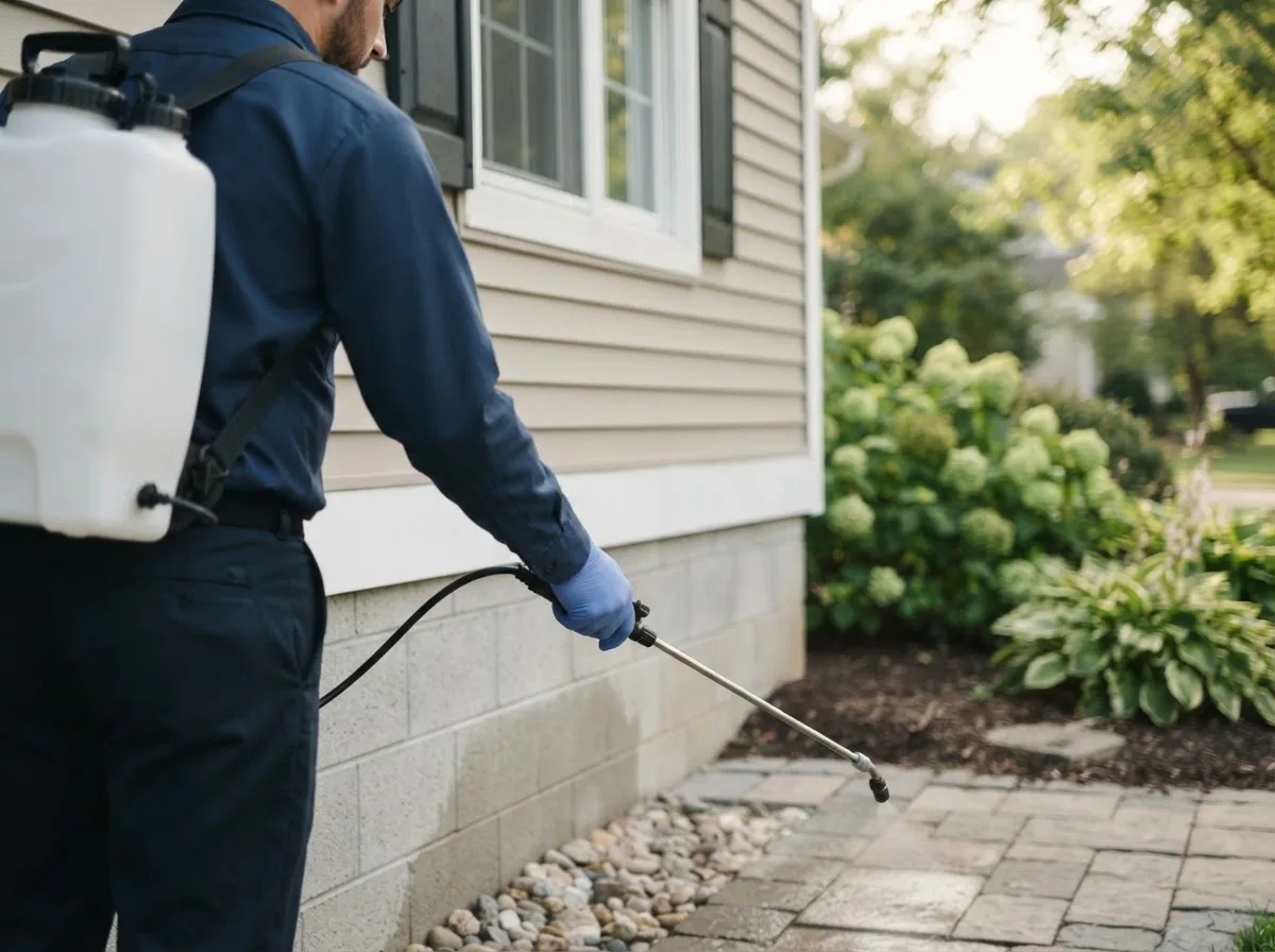 Pest control technician inspecting a home in Center Point, IA